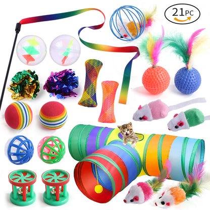 21-Piece Cat Toys Set with Tunnel and Teaser