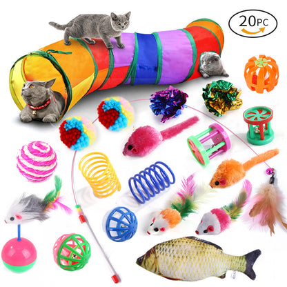 21-Piece Cat Toys Set with Tunnel and Teaser