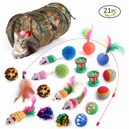 21-Piece Cat Toys Set with Tunnel and Teaser