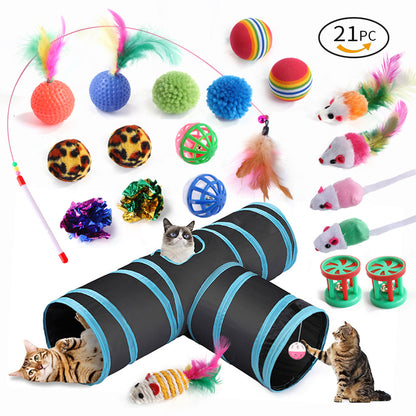21-Piece Cat Toys Set with Tunnel and Teaser