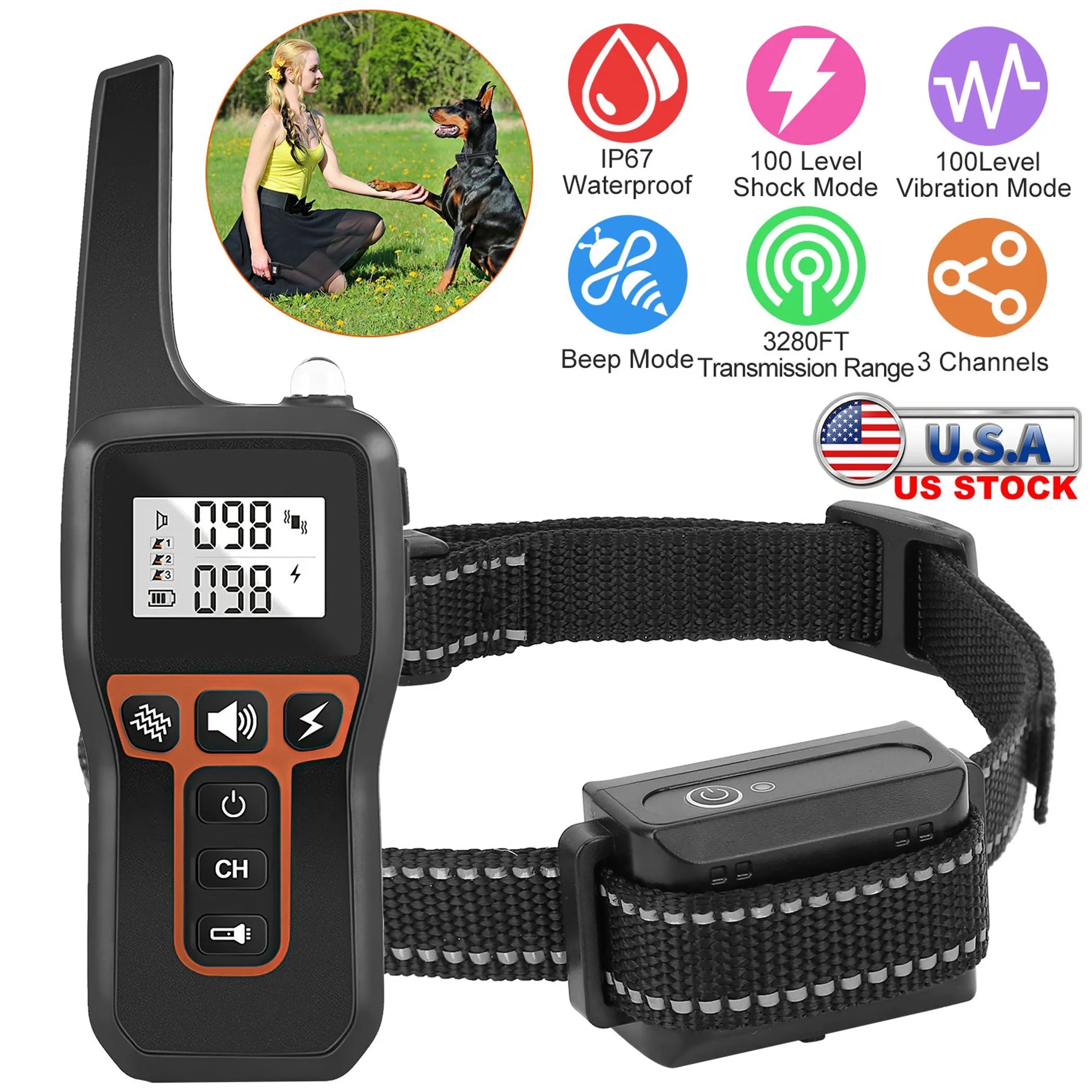 3280FT Dog Training Collar IP67 Waterproof Pet