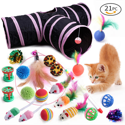 21-Piece Cat Toys Set with Tunnel and Teaser
