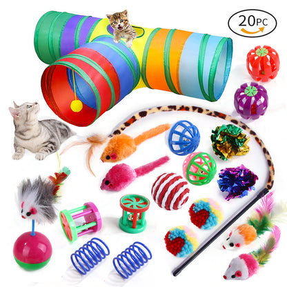 21-Piece Cat Toys Set with Tunnel and Teaser