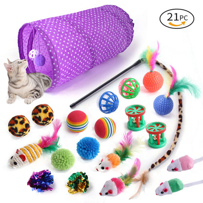 21-Piece Cat Toys Set with Tunnel and Teaser