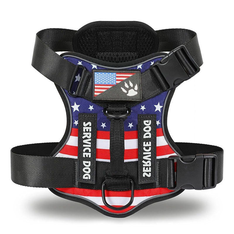 Cozy Critters Pet Store tactical dog harness in American flag print with Service Dog patches and black nylon straps.