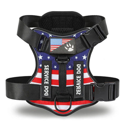 Cozy Critters Pet Store tactical dog harness in American flag print with Service Dog patches and black nylon straps.