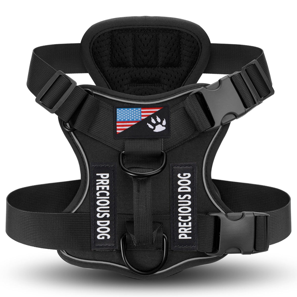 Cozy Critters Pet Store black tactical dog harness with reflective strips, American flag patch, and leash attachment