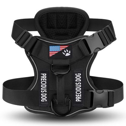 Cozy Critters Pet Store black tactical dog harness with reflective strips, American flag patch, and leash attachment