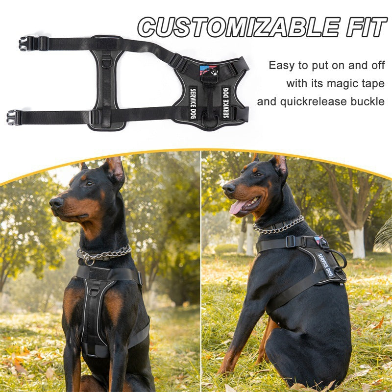 Cozy Critters Pet Store black tactical dog harness with reflective strips worn by a Doberman in a park