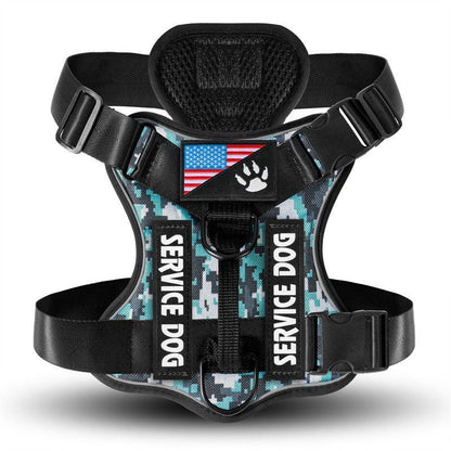 Cozy Critters Pet Store tactical service dog harness in blue camouflage with reflective strips and US flag patch