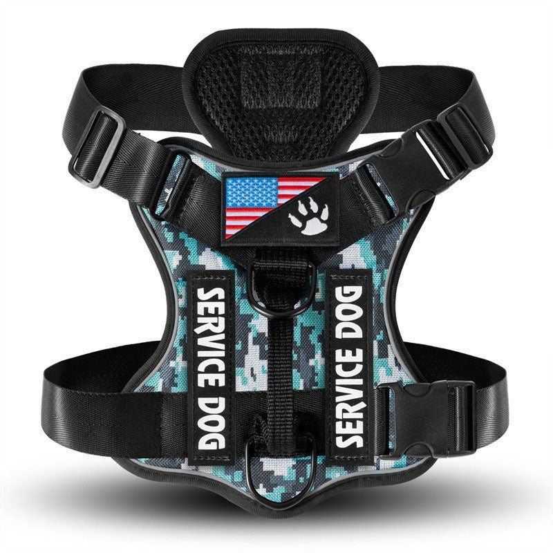 Cozy Critters Pet Store tactical service dog harness in blue camouflage with reflective strips and US flag patch