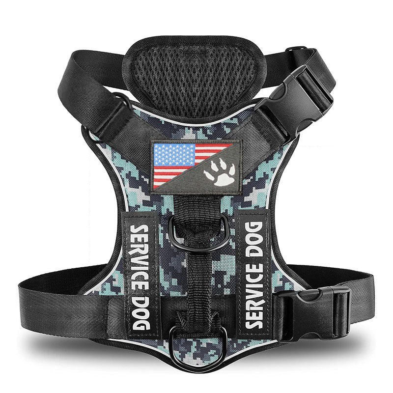 Cozy Critters Pet Store tactical dog harness in blue camouflage with US flag patch and Service Dog text