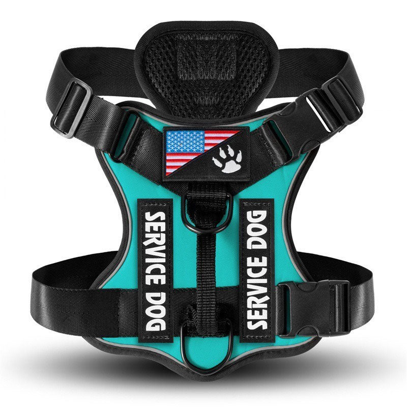 Cozy Critters Pet Store emerald service dog tactical harness with reflective strips and American flag patch