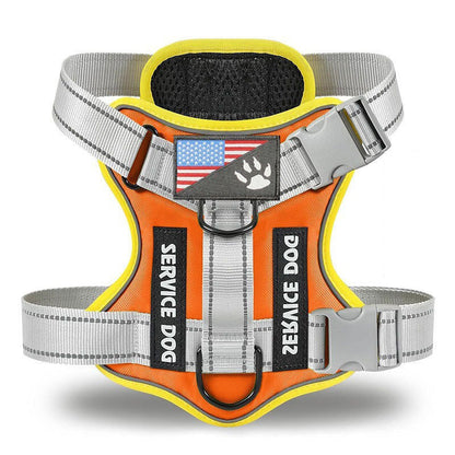 Cozy Critters Pet Store orange tactical service dog harness with reflective straps and American flag patch