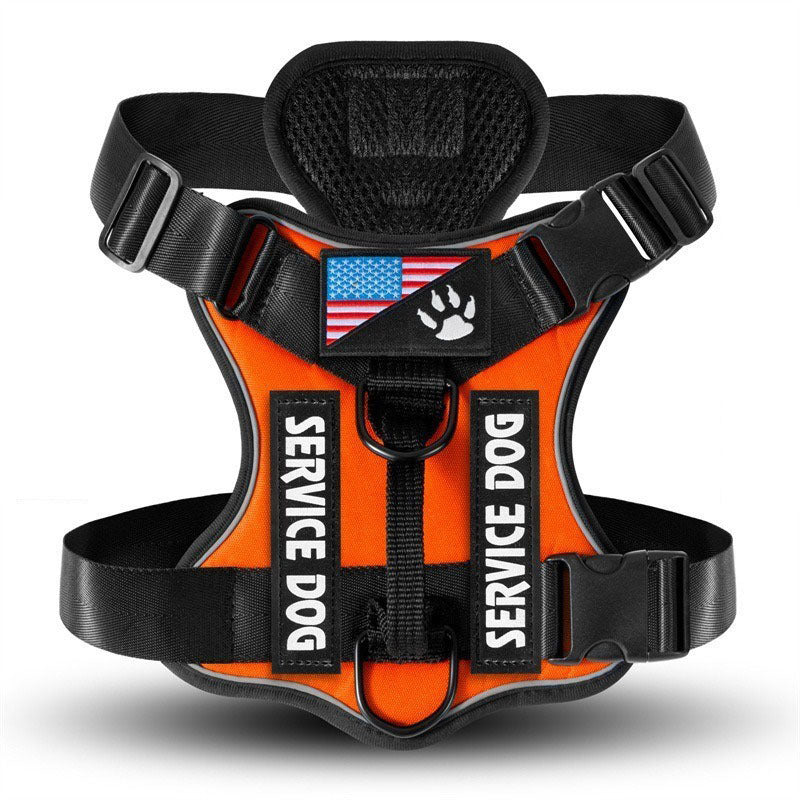 Cozy Critters Pet Store orange tactical service dog harness with reflective strips, American flag patch, and buckles.