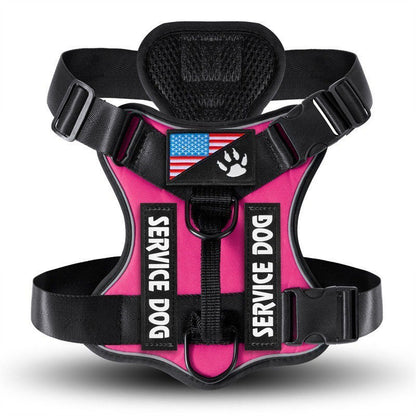 Cozy Critters Pet Store pink tactical service dog harness with reflective strips and American flag patch