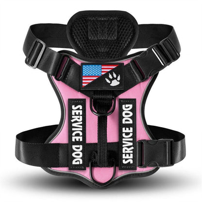 Cozy Critters Pet Store pink tactical service dog harness with reflective strips, US flag patch, and adjustable straps.