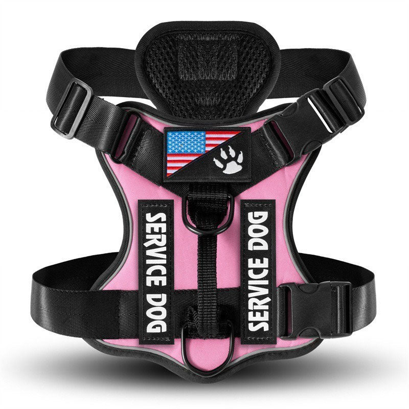 Cozy Critters Pet Store pink tactical service dog harness with reflective strips, US flag patch, and adjustable straps.