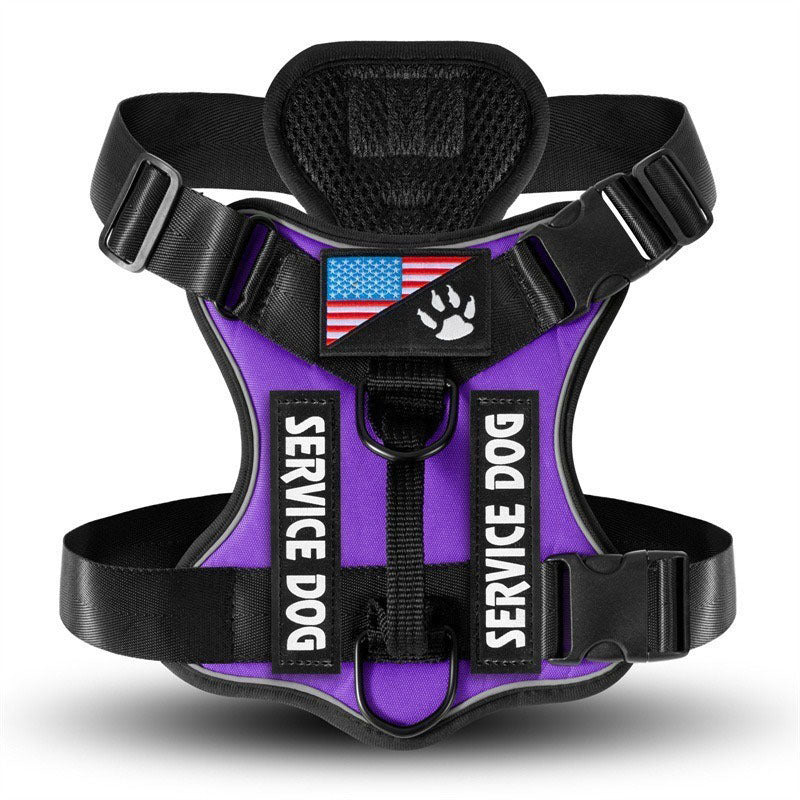 Cozy Critters Pet Store purple tactical service dog harness with reflective strips and American flag patch
