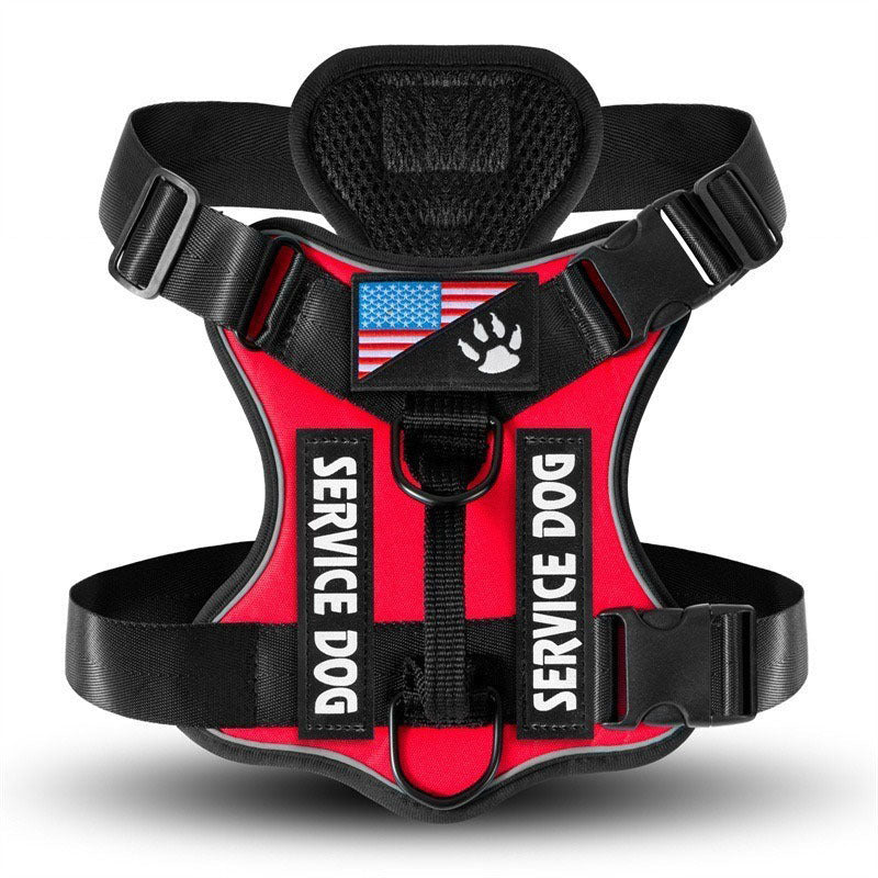 Cozy Critters Pet Store red tactical service dog harness with reflective strips, American flag patch, and metal rings.