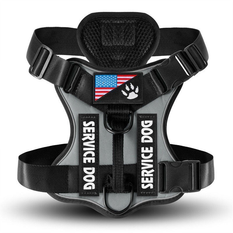 Cozy Critters Pet Store reflective tactical service dog harness in grey with American flag patch and adjustable straps