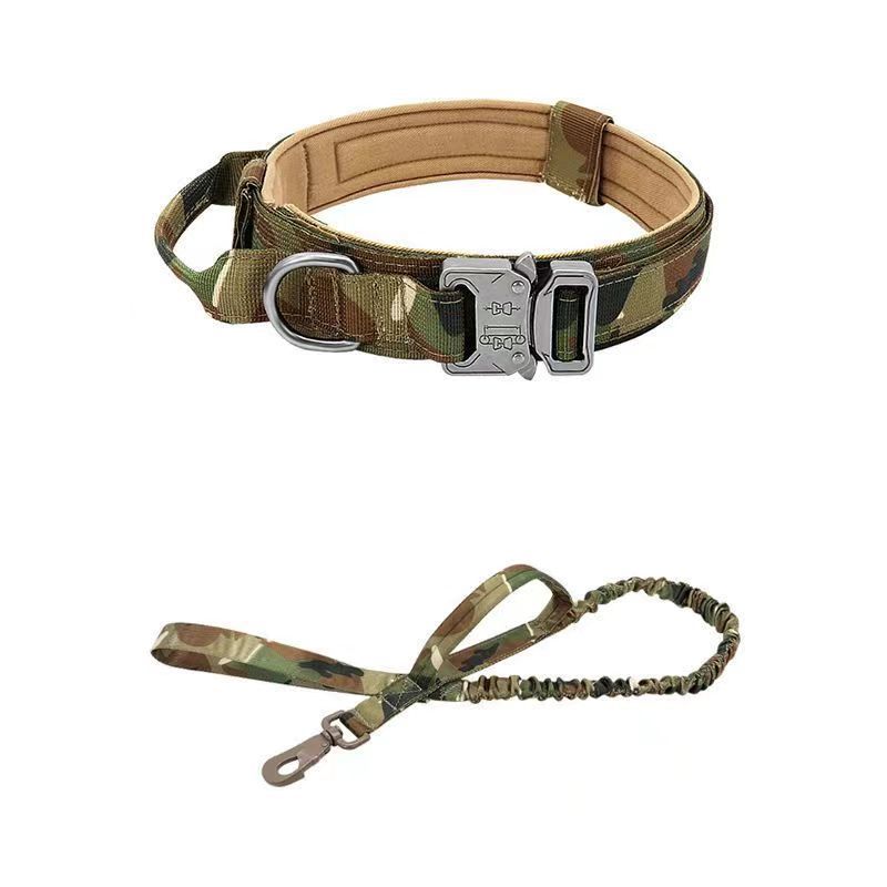 Cozy Critters Pet Store tactical dog collar and bungee leash set in camouflage nylon with a quick-release metal buckle.