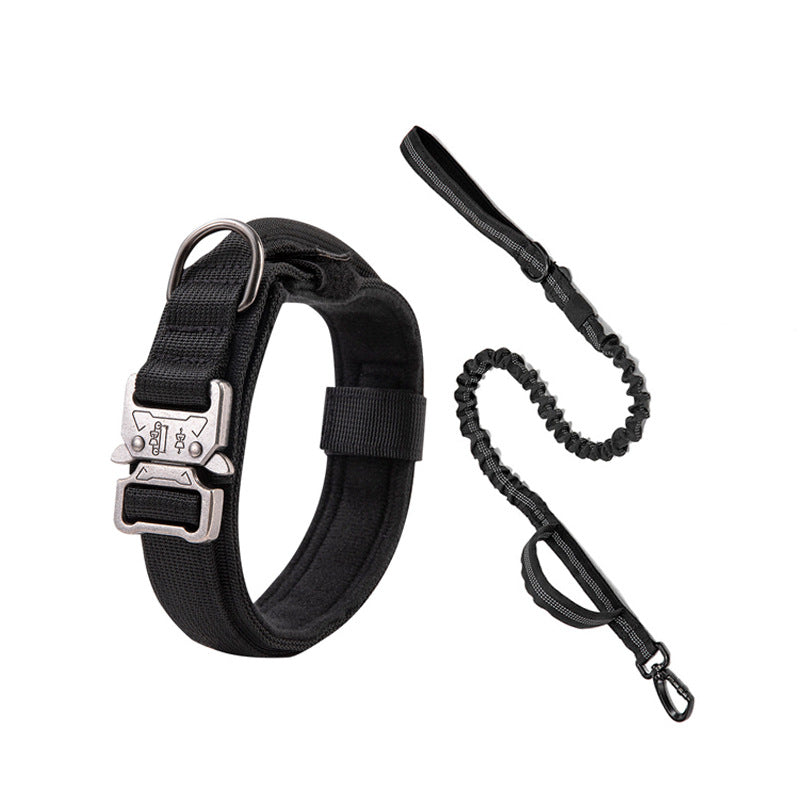 Cozy Critters Pet Store black tactical dog collar with metal buckle and matching shock-absorbing bungee leash set