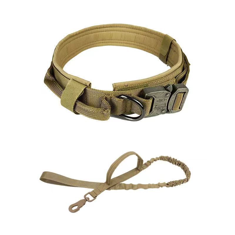 Cozy Critters Pet Store tactical dog collar with metal buckle and matching shock-absorbing bungee leash in tan nylon