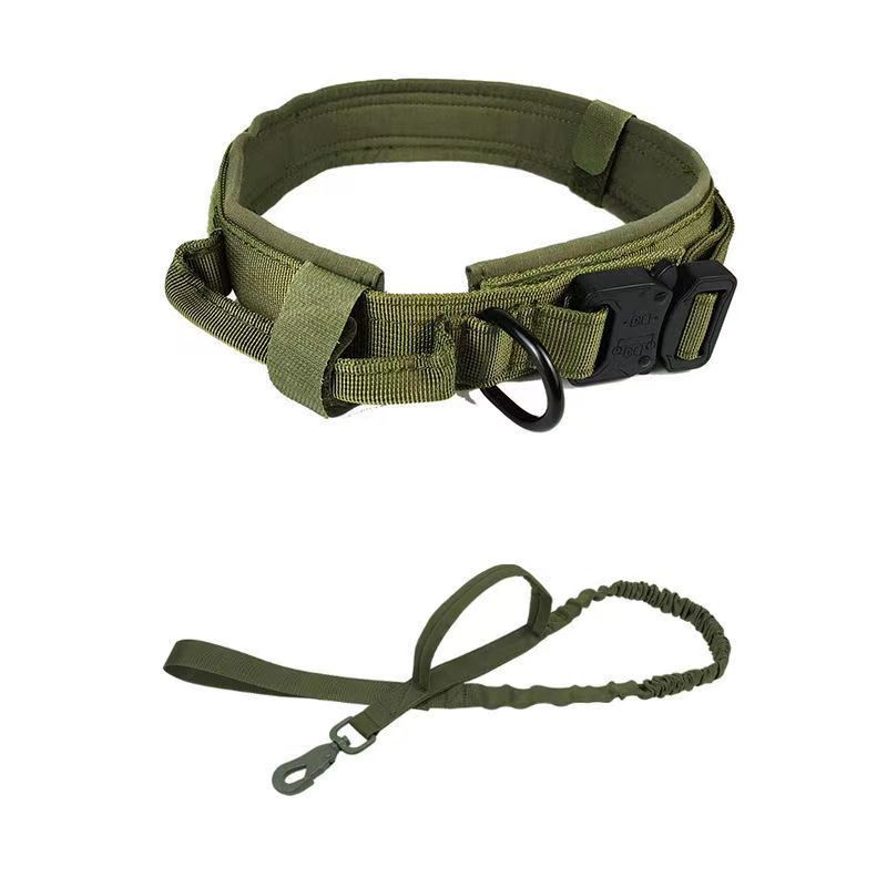 Cozy Critters Pet Store olive green tactical dog collar with control handle and matching bungee leash set