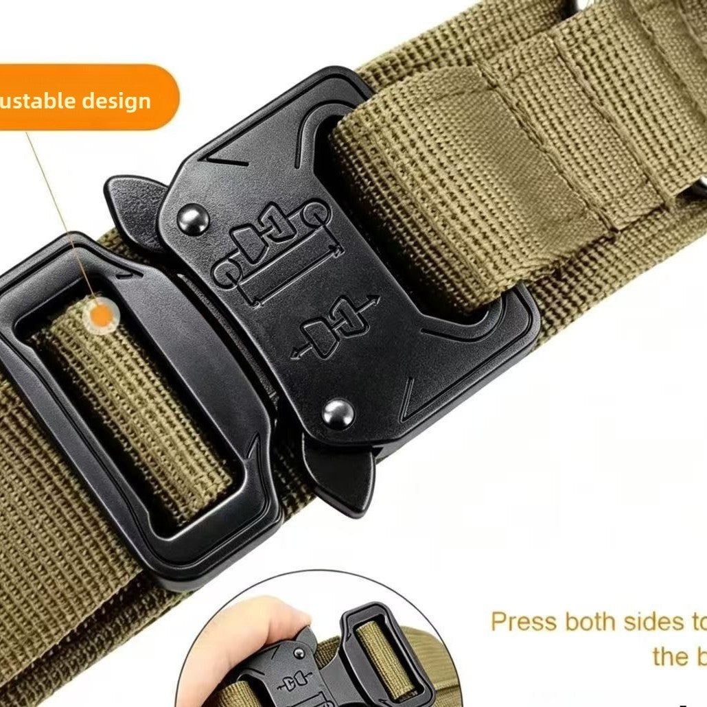 Cozy Critters Pet Store tactical dog collar with a heavy-duty black quick-release metal buckle and olive nylon strap.