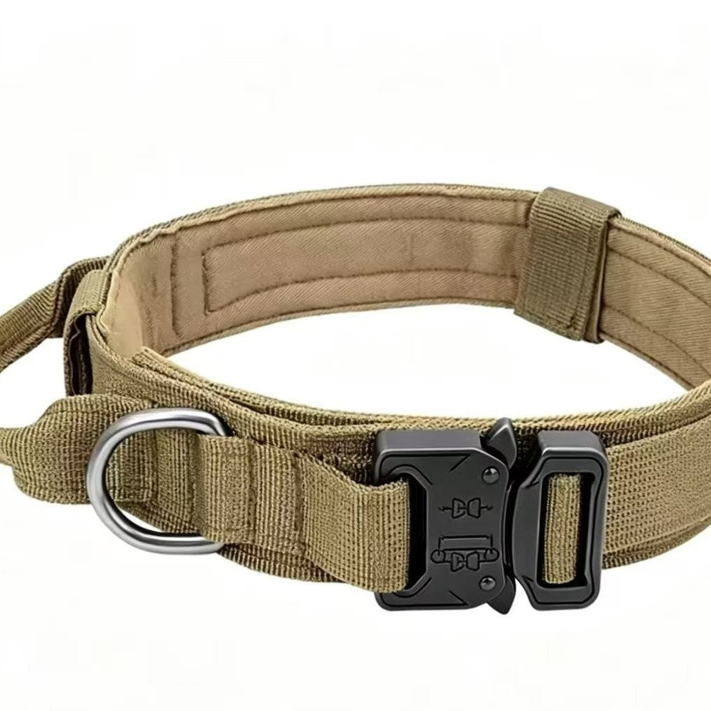 Cozy Critters Pet Store tactical dog collar in tan nylon with a heavy-duty quick-release metal buckle and handle.