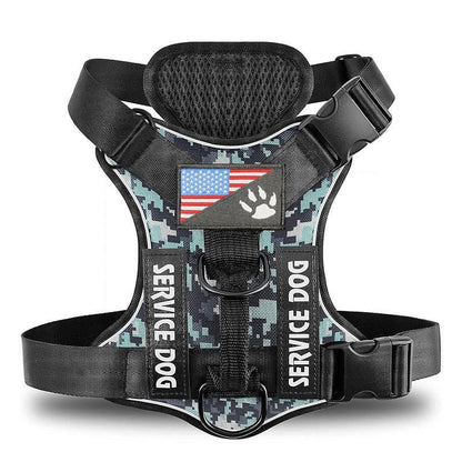 Cozy Critters Pet Store tactical dog harness in blue camouflage with US flag patch and Service Dog text