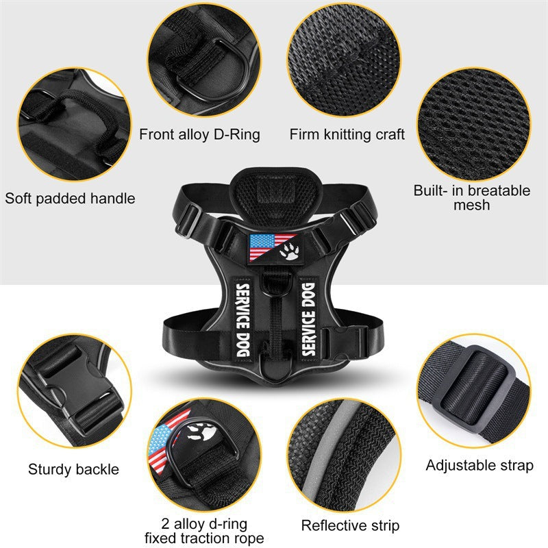 Cozy Critters Pet Store black tactical dog harness with reflective strips, padded handle, and service dog patches.