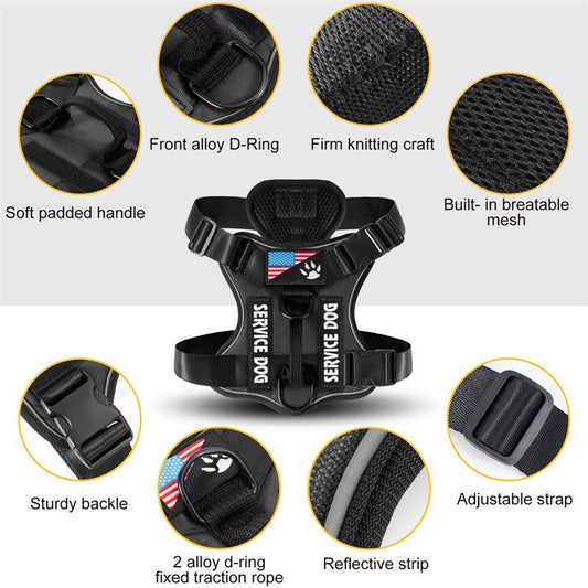 Cozy Critters Pet Store black tactical dog harness with reflective strips, padded handle, and service dog patches.