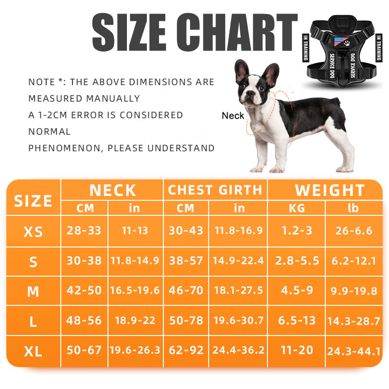 Cozy Critters Pet Store size chart for a reflective tactical dog harness with a French Bulldog wearing the gear.