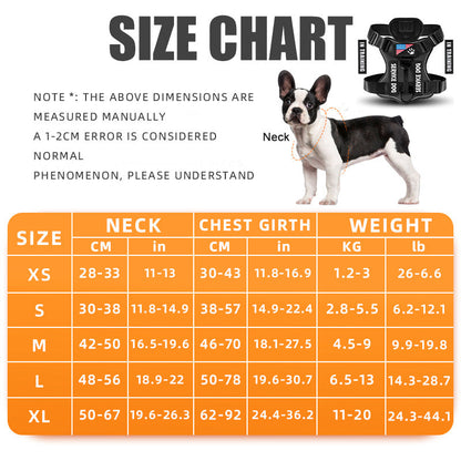 Cozy Critters Pet Store size chart for a reflective tactical dog harness with a French Bulldog wearing the gear.
