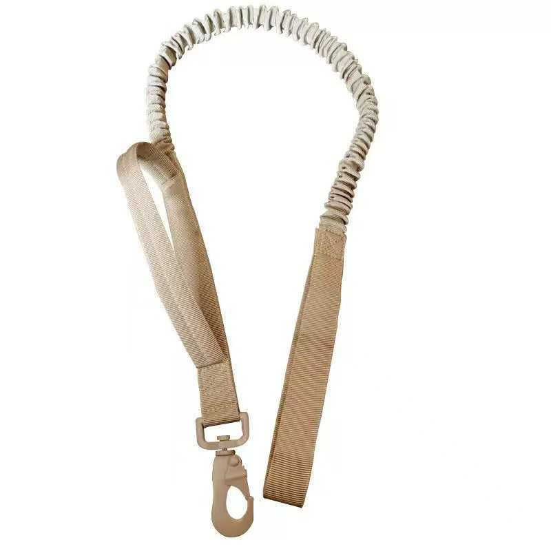 Cozy Critters Pet Store tan tactical bungee dog leash with shock-absorbing elastic design and heavy-duty metal clip