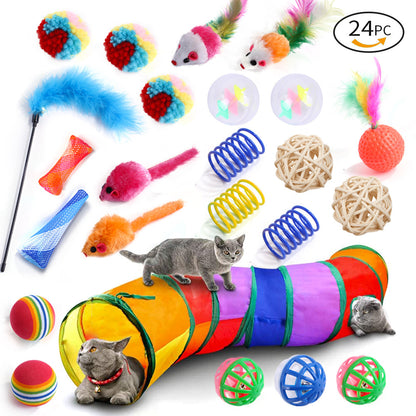 21-Piece Cat Toys Set with Tunnel and Teaser