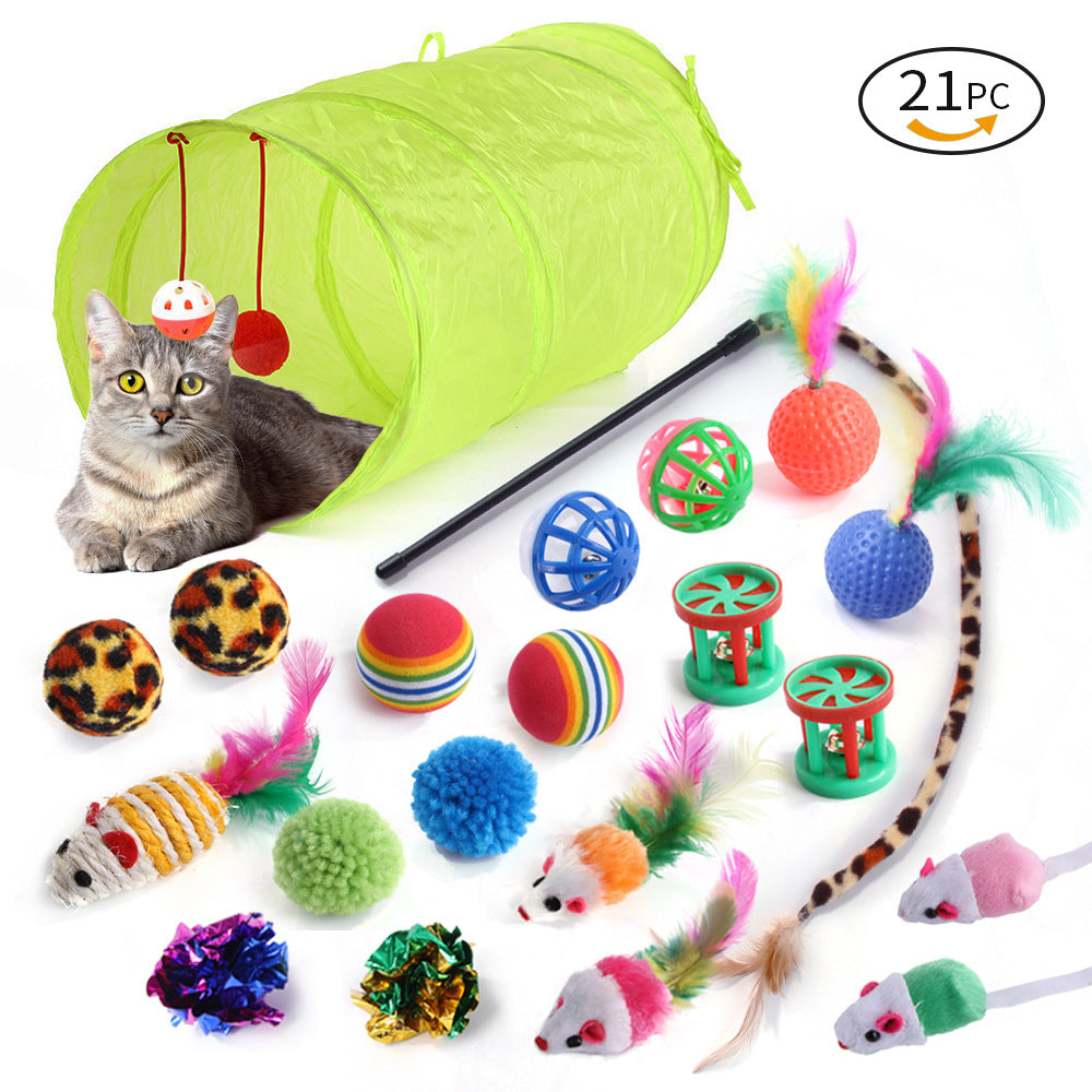 Cozy Critters Pet Store 21-piece cat toy set with tunnel and teaser sticks